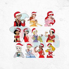 disney princesses with santa hats and other characters in their outfits, all wearing red