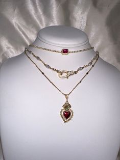 Gold Layered Necklace Set, Sacred Heart Necklace, Red Choker, Layered Necklace Set, 3 Necklace Stack, Pearl Chain, Tennis Necklace Stack - Etsy Elegant Ruby Necklace With Heart Charm, Red Jewels Jewelry For Valentine's Day, Red Jeweled Jewelry For Valentine's Day, Red Jeweled Valentine's Day Jewelry, Red Valentine's Day Jewelry, Red Fine Jewelry With Heart Charm, Red Heart Charm Fine Jewelry, Ruby Heart Charm Pendant Necklace, Red Gemstone Heart Cut Necklace