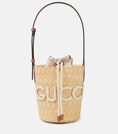 Gucci Summer Small leather-trimmed bucket bag in beige - Gucci | Mytheresa Gucci Summer, Gucci Bucket Bag, Spring Bags, Beige Bag, Gucci Shoulder Bag, Leather Bucket Bag, Leather Bucket, Leather Items, White Bag