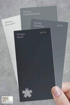 a hand is holding three different color samples