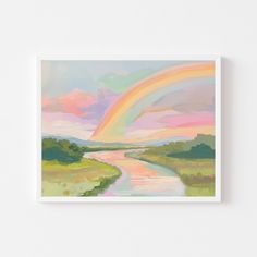 a painting of a rainbow over a river