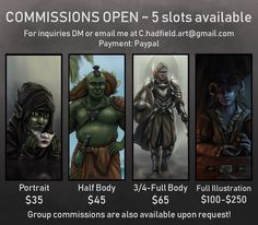 three different avatars are featured in this ad for commission open 5 slots available