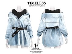 the denim dress is designed to look like it has an off shoulder and long sleeves