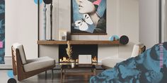 a living room filled with furniture and a fire place in front of a painting on the wall