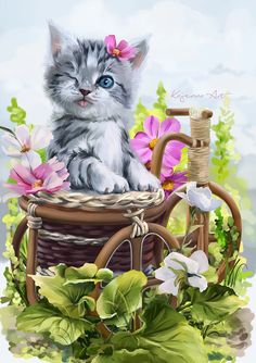 a painting of a kitten sitting on top of a basket with flowers in the background