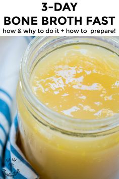 a glass jar filled with yellow liquid and the words 6 tips for bone broth that gels every time