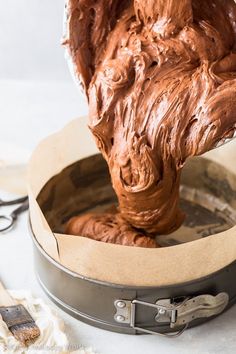 chocolate frosting being made in a cake tin