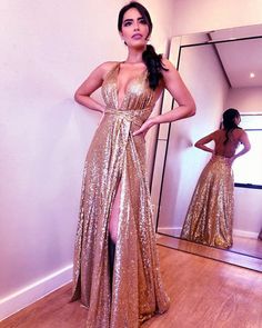 Party Gown With Sweep Train And Split, Split Gown With Sweep Train For Party, Glamorous Party Dress With Split, Split Dresses For Prom Season Party, Split Dresses For Prom Season, Party Dress With Split For Prom Season, Floor-length Sequin Fabric With Glitter For Prom, Gold Backless Sequin Prom Dress, Gold Backless Sequin Dress For Prom