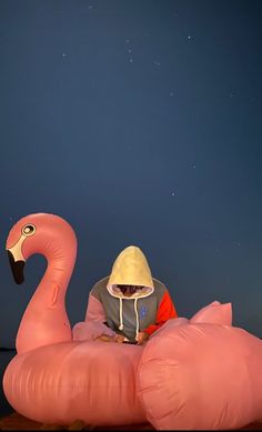 a person sitting on an inflatable pink flamingo float at night with the moon behind them