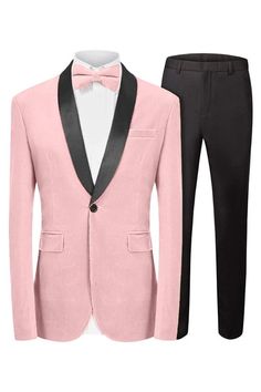 a pink suit and black pants with a bow tie