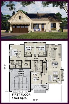 the first floor plan for a house with two car garages and an attached porch