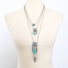 Boho Multi Strand Necklace Silver Look Findings Turquoise Look Stones Tags Boho Festival Southwestern Coachella Bonnaroo Wanderlust New Without Tags Adjustable Light Blue Turquoise Necklace In Bohemian Style, Bohemian Silver Turquoise Necklace For Beach, Bohemian Long Silver Turquoise Necklace, Blue Bohemian Necklace, Bohemian Blue Necklace, Light Blue Bohemian Dangle Jewelry, Bohemian Light Blue Jewelry For Festivals, Silver Multi-strand Beach Jewelry, Blue Turquoise Metal Necklace