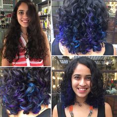 Before and After.  Blue and Purple Peak-a-Boo Highlights.  #blue #purple #hair #highlights #curlyhair #colourforcurlyhair Purple Curly Bob, Peak A Boo Hair Color Curly Hair, Peak A Boo Hair, Curly Hair White Girl, Highlights Blue, Blue Purple Hair, Purple Hair Highlights, Peak A Boo