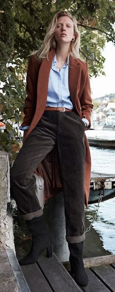 Dark Brown Coat Outfit, Blue Shirt Brown Pants, Brown Coat Outfit, Winter Coat Outfits, Dark Blue Pants, Velvet Clothes