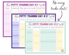 three potty training sheets with the text potty training day 2 and 3 on them