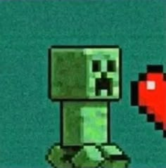 an old - school video game character holding a red heart