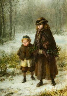 a painting of two children in the snow