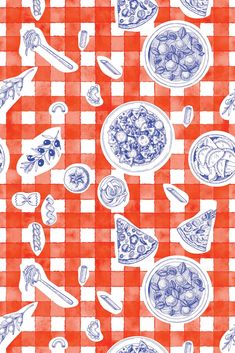 a red and white checkered table cloth with food on it