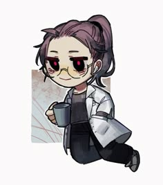 a drawing of a girl with glasses holding a coffee cup and looking at the camera