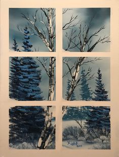 four different pictures of trees in the snow