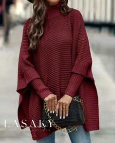 Lasaky - Versatile and Stylish High Neck Knit Poncho Sweater Poncho Pullover, Knit Poncho Sweater, Coachella Dress, Knit Poncho, Fringed Poncho, Poncho Sweater, Knitted Poncho, Sweater Material, Shrug Sweater