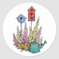 two birdhouses and watering can with flowers stickers on the side of a white background