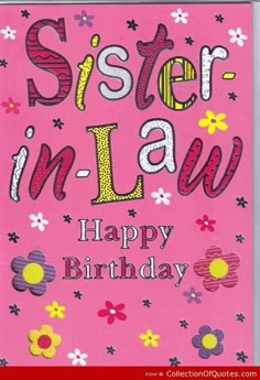 a pink birthday card with the words sister in law