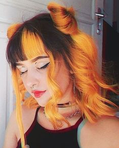 Half Black Half Orange Hair Split, Half Orange And Black Hair, Black With Orange Hair, Black And Orange Color Block Hair, Black Hair Orange Bangs, 4 Split Dyed Hair, 4 Way Split Dyed Hair, Split Dyed Hair Orange, Half Black Half Colored Hair