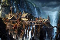 a painting of a castle in the middle of a waterfall with a bridge over it