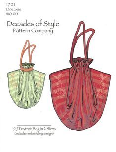 Bag Pattern by Decades of Style We are sure this little hand bag dangled from the wrist of a stylish young lady or two was seen on the dance floor in 1917. The vintage pattern from 1917 presents the bag in two sizes. The larger bag will hod a wallet but not much more. The small bag is a lipstick bag. It has a drawstring closure and deep pleats at the sides. Use a crisp but lightweight fabric. Choose from either a traditional self fabric casing or use a gorgeous ribbon for an external casing. Thi Vintage Bag Pattern, Batumi, Lipstick Bag, Foxtrot, On The Dance Floor, Fashion Sewing Pattern, Sewing For Beginners, Personalized Birthday Gifts, The Dance