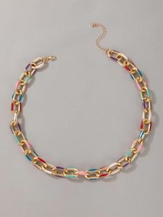 Colorful Large Chain Necklace Multicolor Metal Necklace With Adjustable Chain, Trendy Pink Chain Link Necklace, Trendy Pink Clavicle Chain Necklace, Trendy Pink Short Chain Necklace, Trendy Multicolor Long Necklace, Multicolor Metal Chain Necklace As A Gift, Multicolor Chain Choker Jewelry, Multicolor Metal Chain Necklace For Gifts, Trendy Colorful Necklace With Adjustable Chain