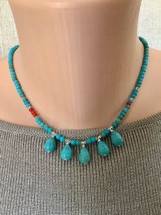 Bella Afire- Sundance Style Drop Necklace with Extender, Beaded Stone Necklace Handmade Gift Turquoise Beaded Dangle Necklaces With Tiny Beads, Turquoise Dangle Beaded Necklaces With Tiny Beads, Turquoise Teardrop Pendant Beaded Necklace For Gift, Gift Beaded Teardrop Turquoise Necklace, Gift Turquoise Beaded Teardrop Necklace, Gift Teardrop Beaded Turquoise Necklace, Gift Turquoise Teardrop Beaded Necklace, Beaded Stone Necklace, Sundance Style Jewelry