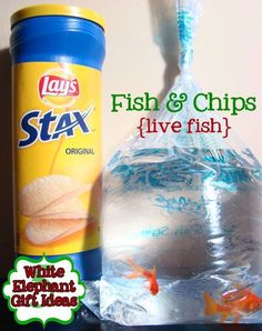 a can of fish and chips sitting next to a bag of fish food on a table