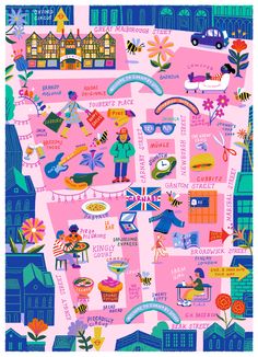 an illustrated map of the united states with people and places on it, all in pink