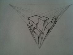 a pencil drawing of an abstract structure with cubes in the center and lines at the bottom