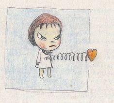 a drawing of a girl holding a red heart