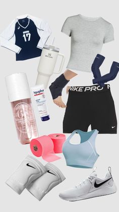 there are many different items that can be found in this image, including sports gear