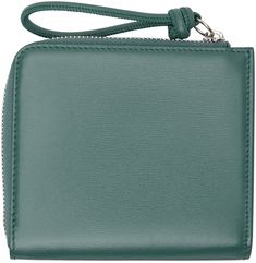 Grained calfskin wallet in green. · Logo stamp at face · Knotted wristlet zip-pull · Zip closure · Six card slots · Central note slot · Grained sheepskin lining · H3.75 x W4.5 x D0.75 Supplier color: Laguna Green Leather Wallet With Zipper Closure, Green Leather Wallets With Zipper Closure, Green Logo, Logo Stamp, Jil Sander, Sanders, Card Slots, Calf Skin, Slots