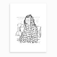 a black and white drawing of a person wrapped in a blanket sitting on a couch