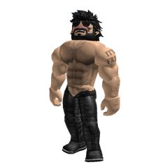 an animated man with no shirt and black pants standing in front of a white background