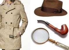 a man wearing a trench coat, hat and magnifying glass next to a pipe