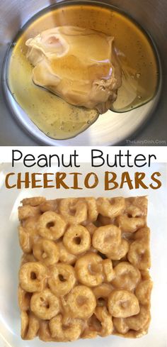 there are two pictures of peanut butter and cheerio bars on the same plate, one has pretzels in it