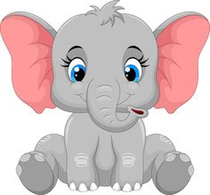 cartoon baby elephant sitting on the ground with big blue eyes and pink tusks