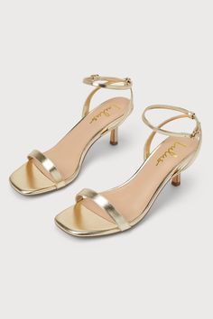 Stay comfortable and chic all through the day (and even into the evening) with the Lulus Ensley Gold Kitten Heel Ankle Strap Sandals! Shiny and smooth faux leather shapes these eye-catching heels that feature a single sole silhouette, a square toe bed, and a slender toe strap. Matching straps sprout from the sides to wrap and secure around the ankle with a gold buckle, all atop a super cute kitten heel! 2. 75" kitten heel. Cushioned insole. Rubber sole has nonskid markings. All Man Made Material Golden Short Heels, Prom Kitten Heels, Light Gold Heels, Cute Short Heels, Gold Low Heels, One Inch Heels, Hoco Heels, Bama Rush, Hoco Shoes