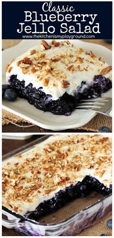 a blueberry jello salad is shown in two different pictures, with the rest of the dish ready to be eaten