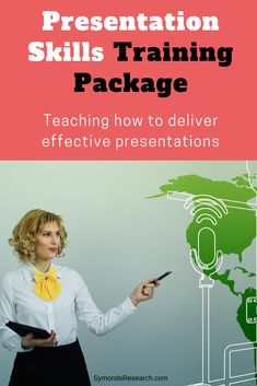 a woman pointing at a screen with the text presentation skills training package teaching how to deliver effective presentations