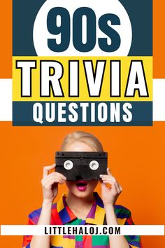 a woman holding up a black object with the words 90 trivia questions on it