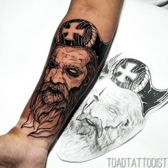 a man's arm with a black and white tattoo design on it, next to a drawing of a bearded man