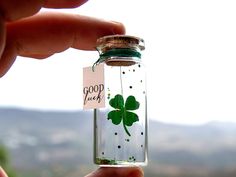 a hand holding a tiny glass bottle filled with water and green clover sprinkles