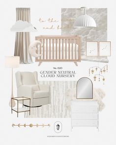 a baby's nursery with neutral colors and accessories